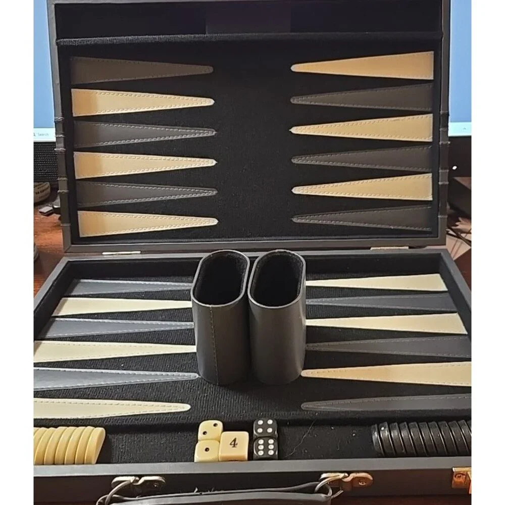 Vtg Cardinal Backgammon Set Faux Leather Grey Briefcase, Complete Game!